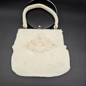Vintage Corde Beaded Bag 1950s Cream Flowers Kiss Lock MCM Mid Century Modern